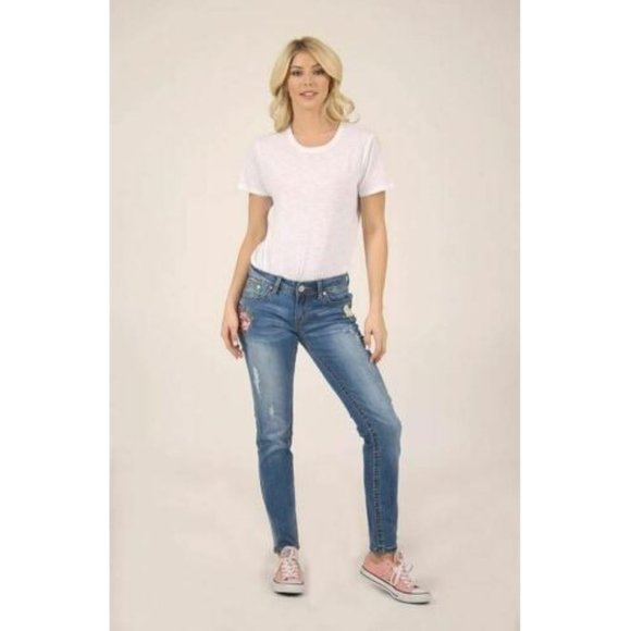 Grace in LA Women's Distressed Floral Embroidered Skinny Stretch Jeans w/ Rips - Picture 4 of 7